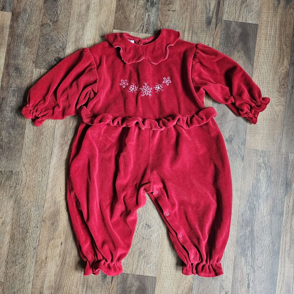 Vintage Red Velvet Romper Ruffle Czech Republic Holiday Christmas 24M Cotton
